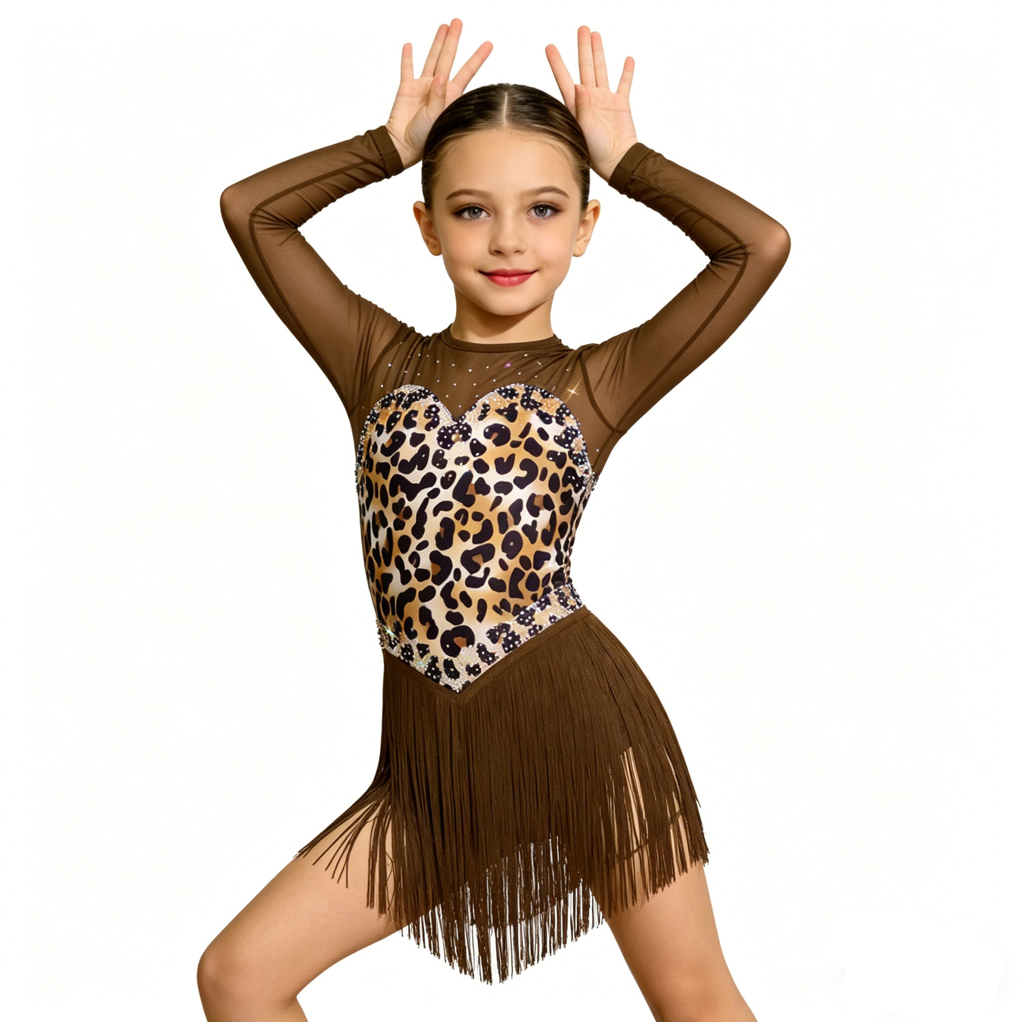 Baby Clothing Sizes - Girls Leopard Sheer Mesh Rhinestone Tassel