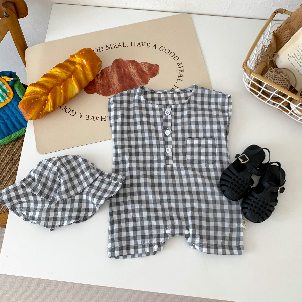 Baby Newborn Plaid Romper+Hat  - Bamboo Bodysuit Baby ulasan dan harga